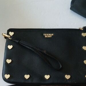 Victoria's Secret Black Wristlet with Gold Heart Studs